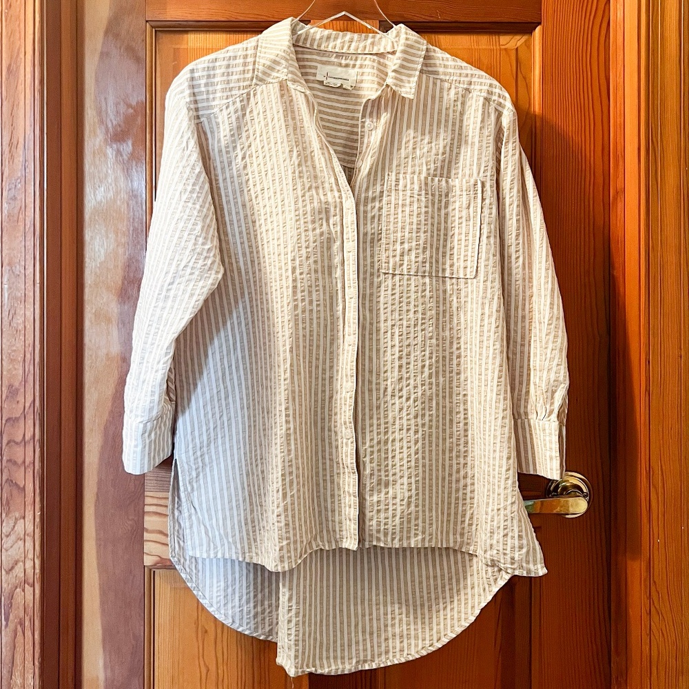 Anthropologie Coastal Grandma Tan & White Striped Button-down Top